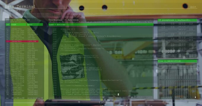 Using tablet, tech wearing hi-vis vest and hardhat calling and inspecting plant with green overlay