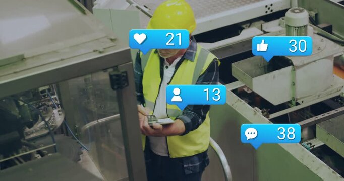 Senior factory worker using phone while checking line, causing blue bubbles rising around machine