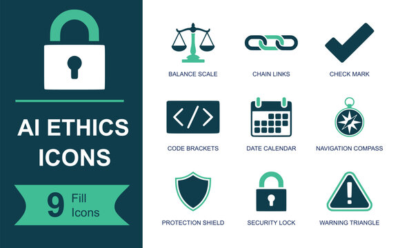 AI ethics icon set. Containing balance scale, chain links, check mark, code symbol, date calendar, compass, shield, lock, warning, privacy, governance and more. Solid vector icons.