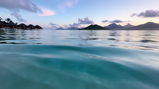 Bora Bora tropical island resort paradise, tranquil turquoise lagoon with overwater bungalows at sunset
