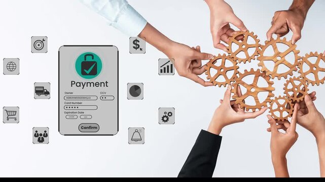 Modern Digital Payment Interface with Security Features and Collaborative Hands Working Together on Business Strategy Optimization Gluon.