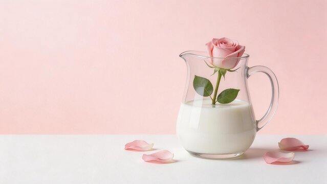 Glass pitcher with rose in milk