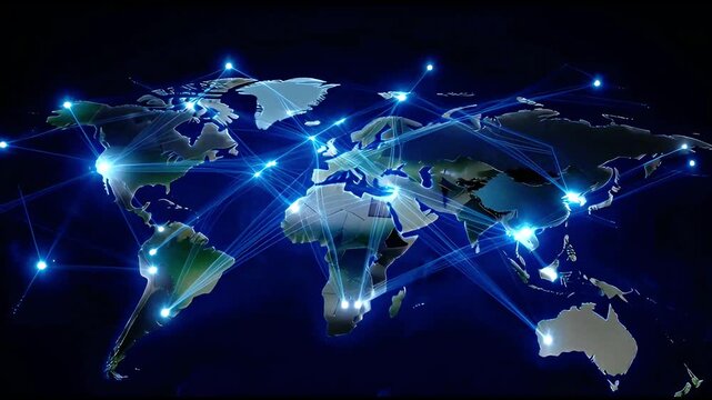 Global Connections Futuristic World Map with Digital Air Routes and Light Networks