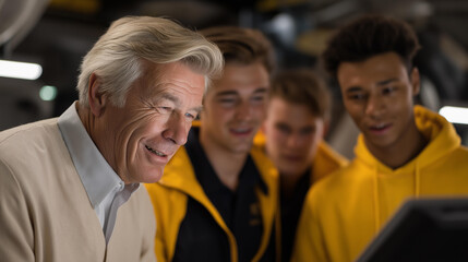 Fototapeta premium Elderly warehouse automation engineer teaching multicultural apprentice group, vintage manual controls beside modern touchscreen interface, fluorescent lighting highlighting generational knowledge