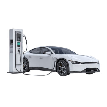 A white Tesla car is charging at a charging station