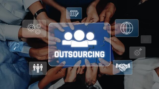 Hands Collaborating Around Outsourcing Concept with Icons Representing Work, Global Connections, and Team Efforts for Business Solutions. Raster.