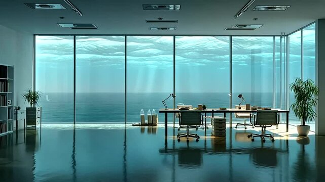 Modern office space with large windows.