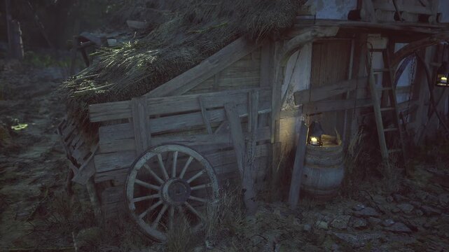 Lantern lit wooden wagon beside barrel, mosscovered wheel leaning against weathered barn wall, soft dusk glow, creeping ivy and scattered straw evoke quiet