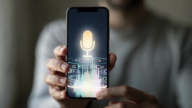 Mobile app interface showing microphone activation and live transcription during voice search users face out of focus to highlight handheld device.