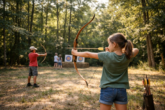girl aims bow and arrow while practicing archery outdoors, focused and confident during youth recreation session in sunlit forest clearing. Playful, active, skill-building moment with friends 