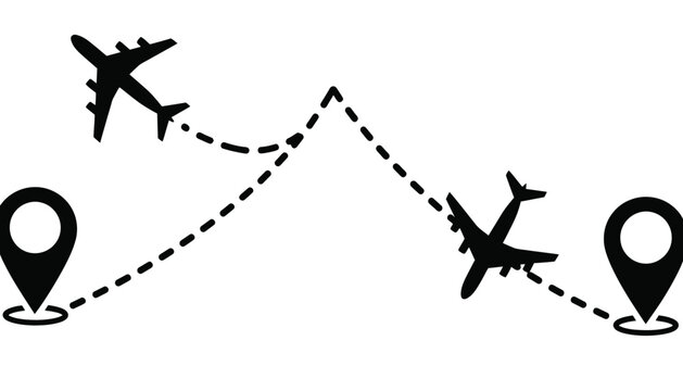 Airplane flight path vector illustration with map pin icons