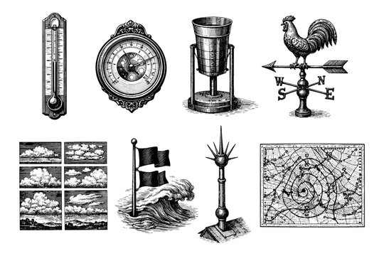 Vintage weather instruments and meteorological charts in a detailed engraving style