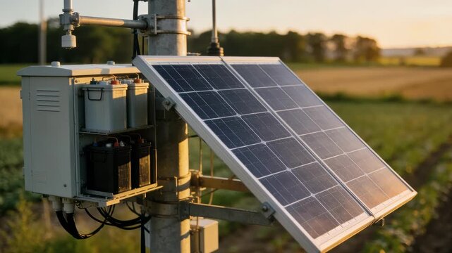 Solarpowered rural relay tower in sharp detail with visible batteries and solar array set against a gently blurred agricultural landscape and tree line.