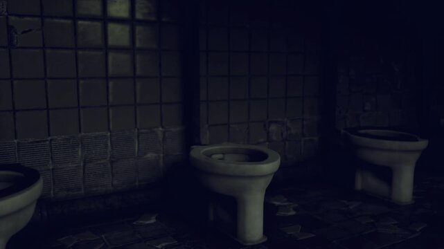 Dark abandoned bathroom with toilets, cracked tile floor, standing puddles, moldy grout and peeling grout heavy shadow, cold blue tint, eerie stillness