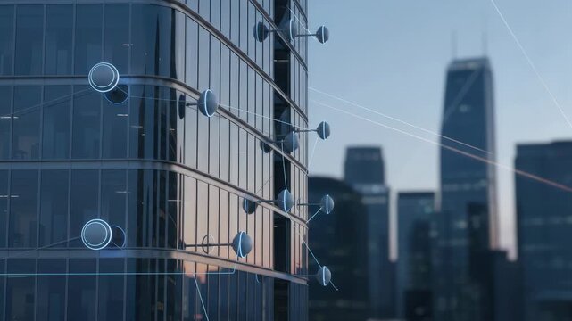 Medium shot of smart office tower with wireless sensor hubs in sharp focus blurred urban skyline background for futuristic building automation.