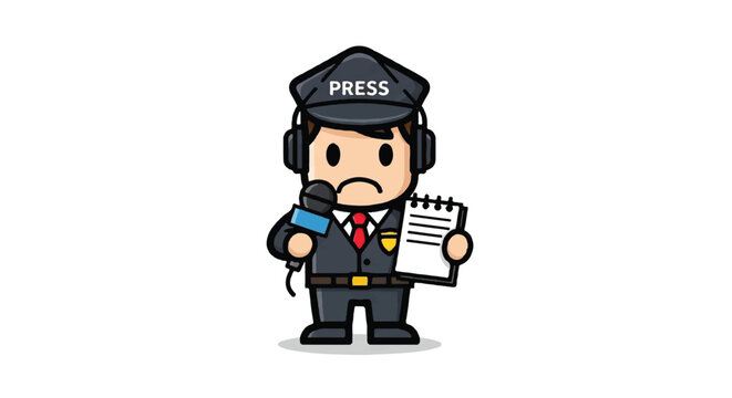 Cartoon journalist holding microphone and notepad on white background