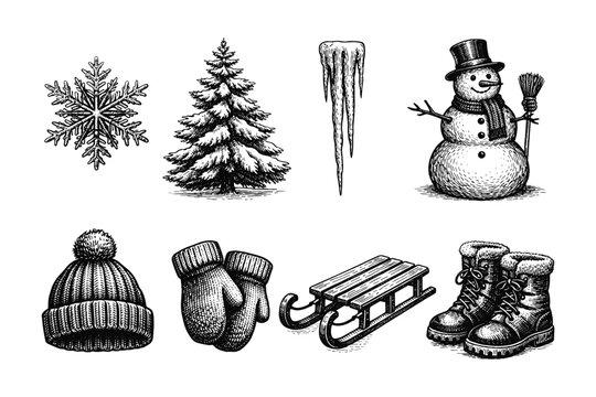 Collection of vintage winter icons including a snowman, snowflake, pine tree, and winter clothing