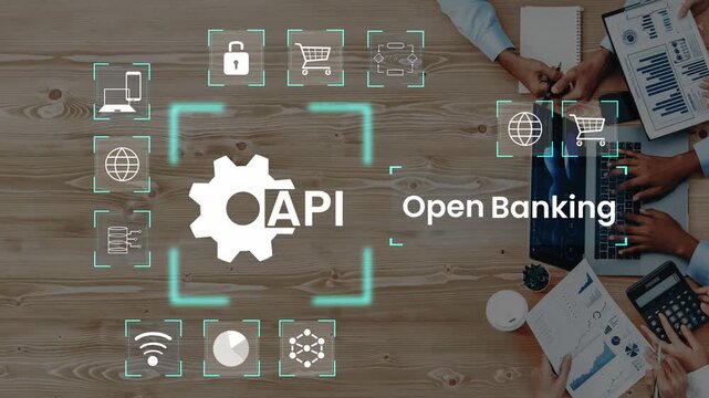 Innovative API Integration for Open Banking Solutions in Digital Finance with Modern Technology Illustrations and Collaborative Environment Gluon.