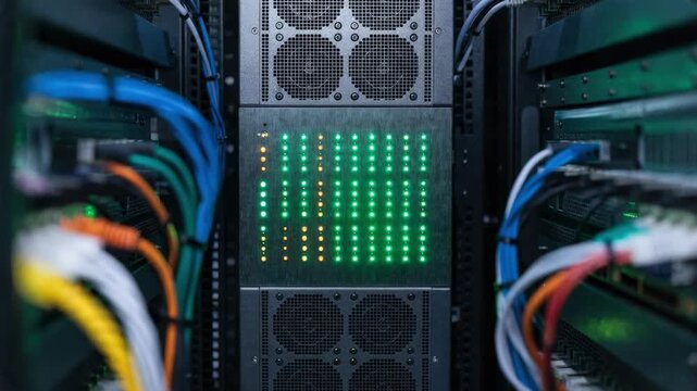 Sharp focus on front panel LEDs of a newly installed router in a network rack with out of focus surrounding racks creating depth in a fresh build setting.