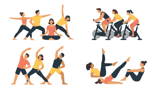 Yoga vector illustration of people practicing various poses and exercises