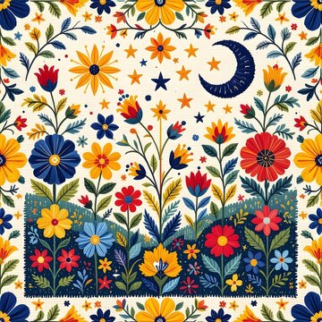 Composici&oacute;n que muestra un mosaico con tem&acute;tica floral y con adornos de estrellas , luna y colores de la naturaleza