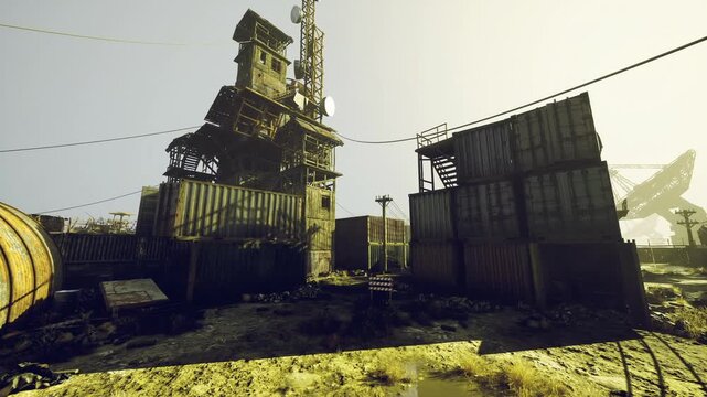 Makeshift scrapyard settlement with stacked containers and scattered barrels, sunlit sand foreground, improvised structures and stringed wires create rough