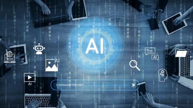High-Tech Digital Concept with Artificial Intelligence Icons and Command Prompt on Laptop Background Gluon.