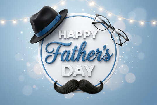 Happy fathers day celebration dad hat glasses mustache festive circle lights background