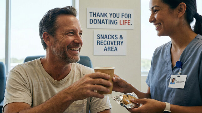 Happy mature man enjoying snacks and a drink in the recovery area after donating blood.
