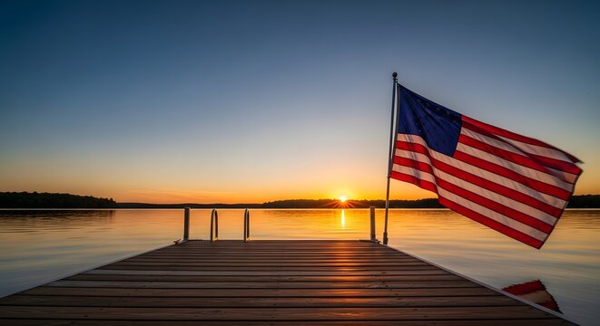 American flag waving on a dock at sunset