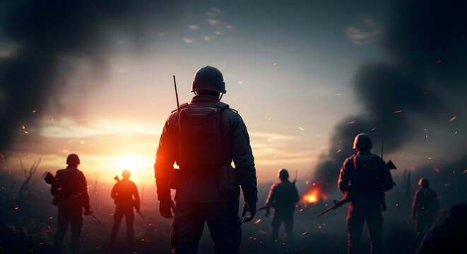 Silhouettes of warriors standing against a fiery sunset