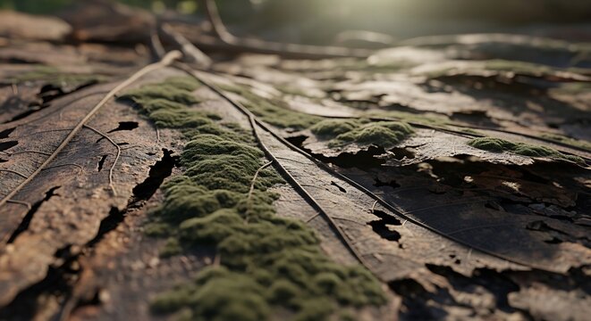 Macro photography of Cladosporium mold growth on decaying autumn leaves, showcasing natural decomposition processes, fungal spores, and environmental biology in forest floor.