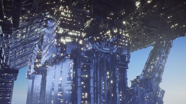 Cascade of glass panels reflecting light, layered geometry and prisms create shimmering patterns while distant skyline peeks through mirrored planes