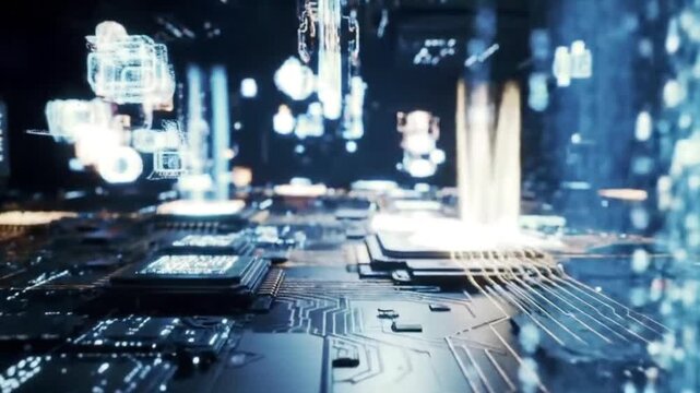 A futuristic close-up of a complex circuit board with glowing blue and white holographic data streams emanating from the processors, in the style of a high-end CGI render, cinematic lighting, AI