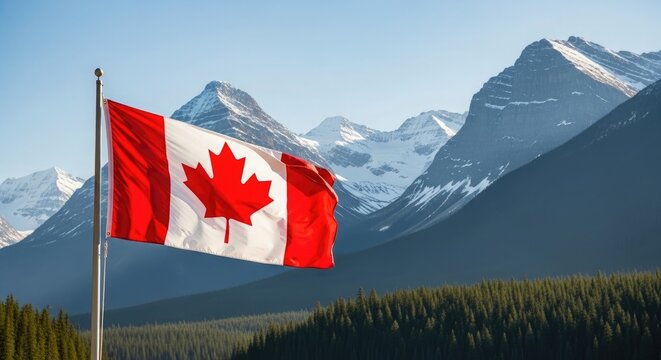 Canadian flag waving in front of snowy mountains