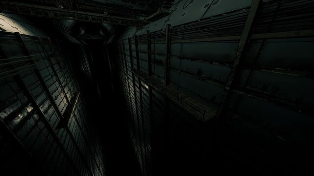 Dim metal shaft with walkway and catwalk panels, selective lighting reveals rusted seams and textured surfaces, atmospheric shadow pockets create moody urban