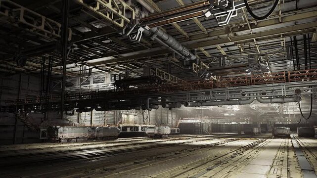 Dim industrial hall with overhead pipes, service gantries and cranes, concrete floor with embedded tracks, scattered scaffolding and cable trays, focused