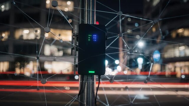 Sharp focus on a central small cell in a dense network mesh highlighting its LED indicators while multistory buildings and passing vehicles create a bokeh effect.
