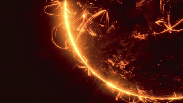 Stellar flare erupting along planet rim, sharp crescent of fire, cascading plasma loops and molten fissures, dynamic composition with high contrast.