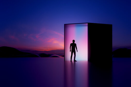 3D portal silhouette horizon at neon dusk landscape
