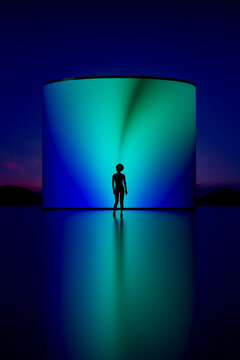 3D cyan curve silhouette with luminous gradient backdrop
