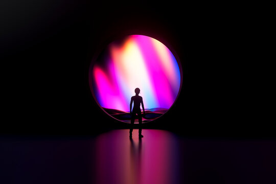 3D circular portal silhouette with radiant neon backdrop