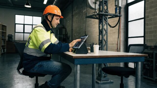 Operator reviewing antenna adjustment recommendations on a tablet primary device interface in focus while the background workshop setting is gently blurred to draw attention.