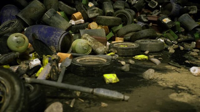Flooded tire stack with stagnant water and murky reflections, floating debris and foam, silt clouds and buoyant drums, sewage residue and detritus, estuary edge