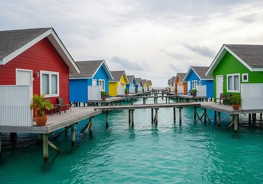 Colorful tropical beach huts on stilts over turquoise sea