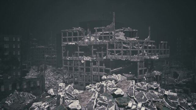 Ruined housing block surrounded by debris, scattered supplies and access paths, muted green haze, makeshift markers for teams, tense atmosphere of crisis