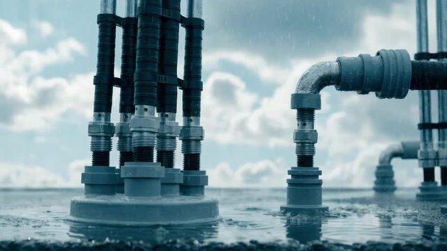 Medium shot highlighting weatherproof sealing on rooftop coaxial cable joints showing proper protection from elements with blurred sky backdrop.