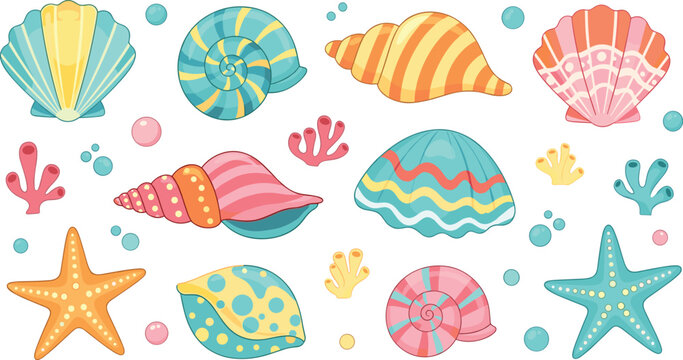 Colorful Sea Shell and Starfish Collection with Coral, Ocean Bubbles, and Decorative Marine Elements for Summer Beach Theme and Cute Vector Illustration Set