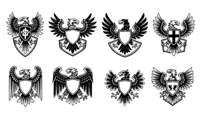 Fototapeta premium Heraldic eagle coat of arms emblem vector set with spread wings shields black medieval crest illustrations