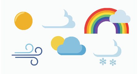Obraz premium Cute Weather Elements Cartoon Set Sun Cloud Rainbow Vector Icons